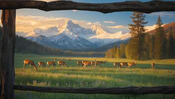 Deer Grazing in Mountain Meadow Framed by Wooden Fence at Sunset photo