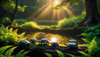 Turtles Resting on a Mossy Log Near a Sunlit Pond in Forest photo