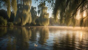 Still Lake Reflecting Weeping Willows at Sunrise with Mist and Ripples photo