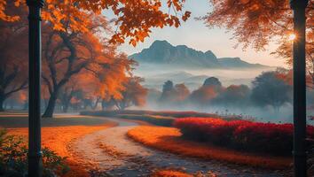 Walking Path Through Autumn Park with Mountains and Colorful Foliage photo