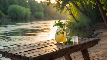 Refreshing Lemonade with Mint on Wooden Table by River at Sunset photo