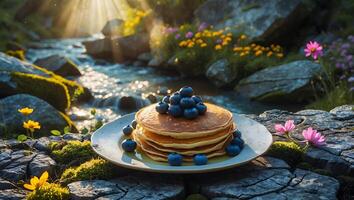 Stack of Pancakes Topped with Blueberries Outdoors by Flowing Stream photo