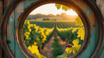 Vineyard View with Ladybug Through Wooden Frame at Sunset photo