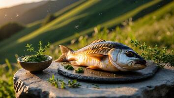 Prepared Fish Displayed Outdoors with Green Hills and Sunset Light photo