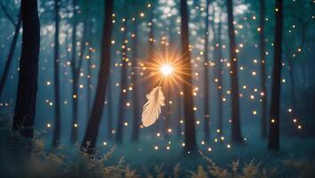 Floating Feather in Forest with Glowing Lights and Misty Ambiance photo