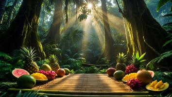 Tropical Fruit Display in Rainforest with Sunlight and Bamboo Table photo