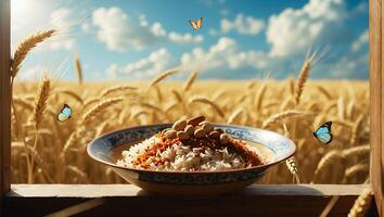 Rice with Nuts and Spice Presented Near Golden Wheat Field photo