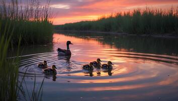 Duck and Ducklings Swimming on Water at Sunset Near the Grass photo