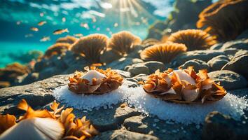 Seashells on Rocky Shoreline with Coral Reef Underwater Backdrop photo