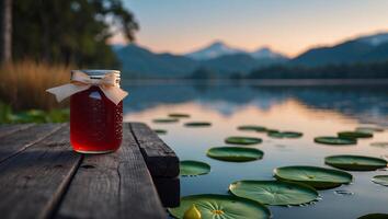 Jar of Red Jam on Dock Overlooking Lake at Sunset photo