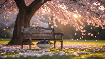 Wooden Bench and Fruit Bowl in Spring Blossom Garden at Sunset photo