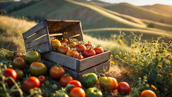 Tomatoes in Wooden Crate on Grassland with Rolling Hills Backdrop photo