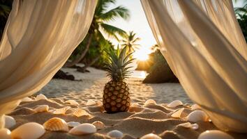 Pineapple and Seashells on Sandy Beach at Sunset Under Draped Fabric photo