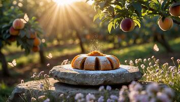 Peach Cake on Stone Slab with Sunlight and Butterflies photo