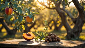 Peaches and Acorns on a Rustic Table in Golden Light photo