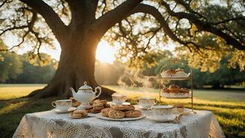 Outdoor Tea Party with Pastries Under a Large Tree at Sunset photo