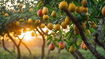 Ripe Plums Hanging From Tree Branches in Orchard at Sunset photo