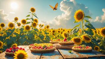 Serving Fruit Tarts on Wooden Table in Sunflower Field Setting photo
