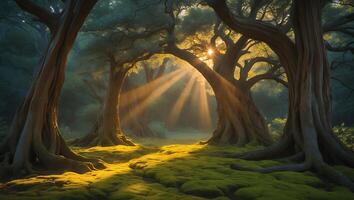 A forest with trees and mossy ground photo