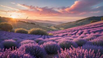 Lavender Field at Sunset with Birds Flying Over Rolling Hills photo