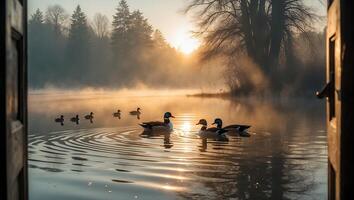 Ducks Swimming on Lake at Sunrise Through an Open Door photo