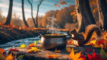 Squirrel Cooking in Autumn Forest with Pot and Steaming Food photo