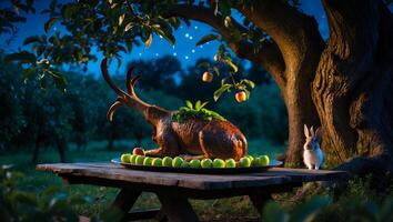 Whimsical Dinner Table Setting with Roast Animal and Rabbit Underneath Tree photo