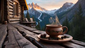 Hot Drink on Cabin Deck with Mountain View at Sunset photo