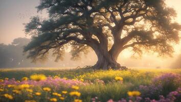 Majestic Old Tree Standing in a Meadow of Spring Flowers photo