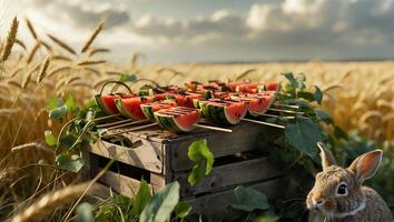 Preparing Watermelon Skewers in Wheat Field with Rabbit Watching photo