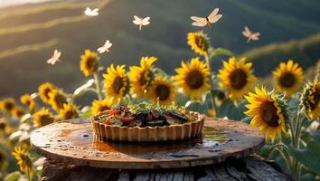 Serving Vegetable Tart in a Field of Sunflowers with Dragonflies photo