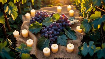 Grapes and Candle Arrangement in Vineyard at Sunset for Wine Tasting photo