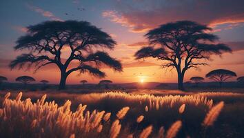 African Savannah Landscape at Dusk with Silhouetted Trees and Golden Grass photo