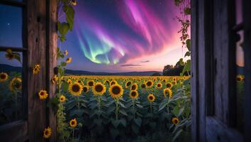 Sunflower Field View with Northern Lights Seen Through Rustic Window photo