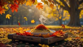 Hot Noodle Dish with Autumn Leaves in Golden Park Setting photo