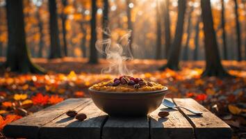 Hot Cereal with Nuts and Berries in Autumn Forest Scene photo