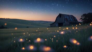 Old Barn in Field with Fireflies at Dusk Under Starry Sky photo