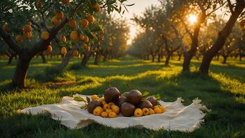 Harvested Fruit Laid Out on Blanket in Orchard at Sunset photo
