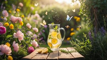 Serving Refreshing Lemonade Outdoors on Wooden Table with Flower Garden photo