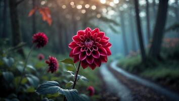 Red Flower Blooming in Forest Landscape Along Foggy Path photo