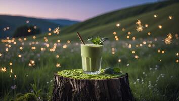 Green Smoothie Drink on a Tree Stump in an Open Field photo