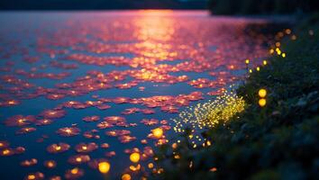 Glowing Light Display on Water with Lily Pads and Shore photo