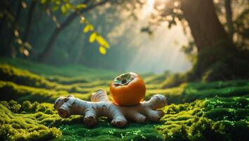 Persimmon Fruit on Ginger Root with Mossy Forest Background photo