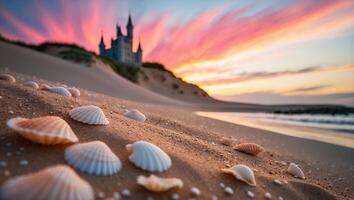 Seashells on Sandy Beach at Sunset with Castle Silhouette Background photo