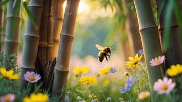 Bee Flying Among Flowers with Bamboo Grove in Sunny Garden photo