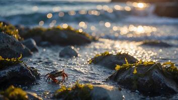 Crab on Rocky Shoreline at Sunset with Water Reflection photo