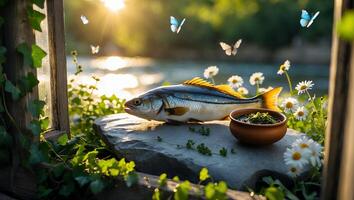 Fish with Greenery Near Window Overlooking River at Sunset photo