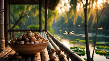 Bowl of Mixed Nuts on Bamboo Veranda Overlooking Tranquil Lake photo