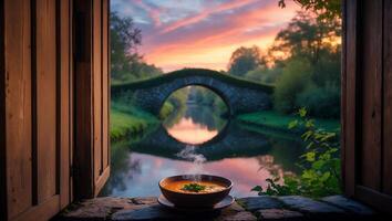 Warm Soup with Bridge View Through Window at Sunset Outdoors photo