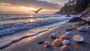 Seashore at Sunset with Flying Bird and Seashells on the Sand photo